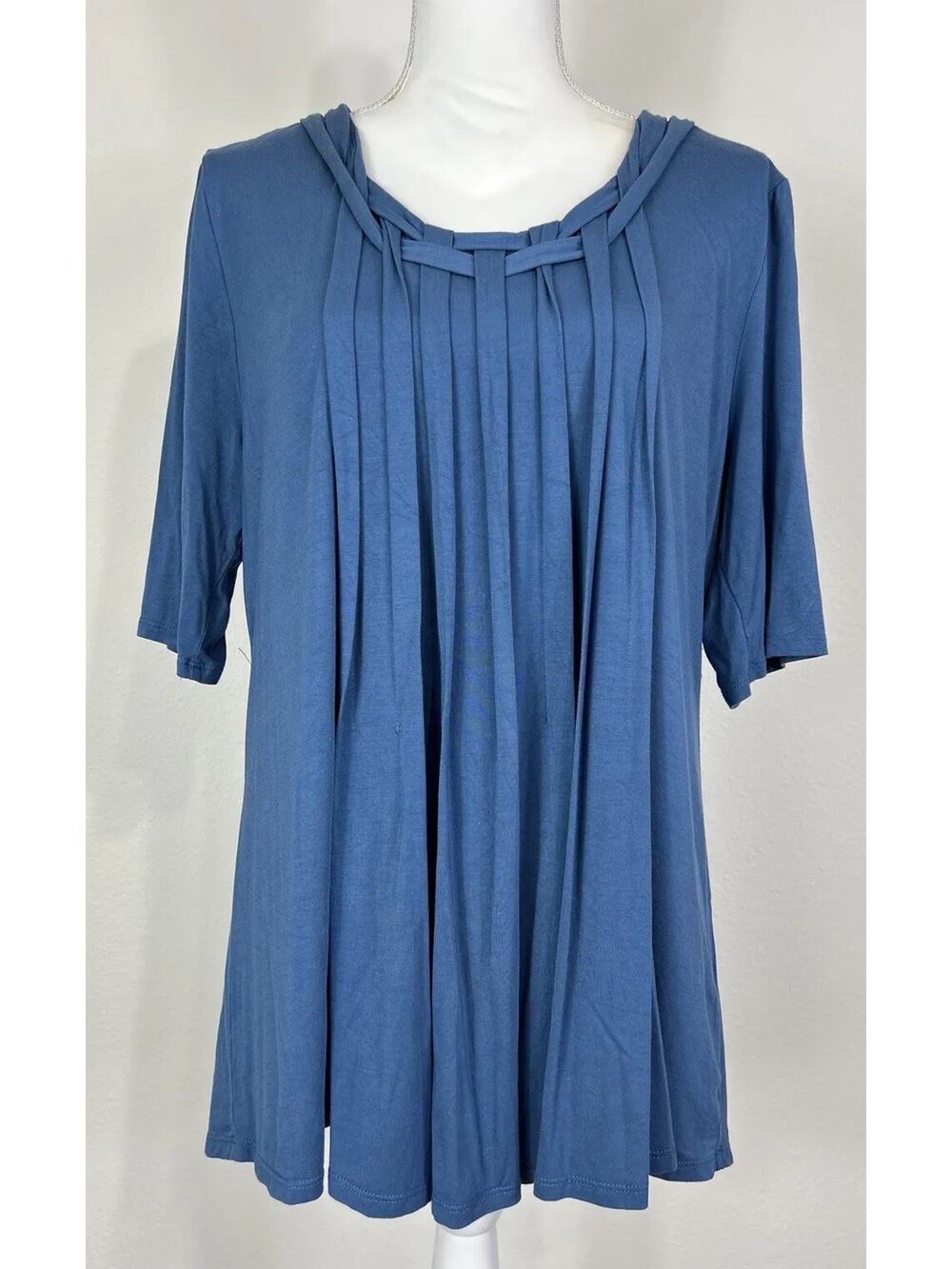 Soft Surroundings Nightshade Blue Lattice Neck Pleated Front Top Women's Large